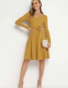 Rochie Galbenă Tricotată și Cloche cu Decolteu Petrecut Hagdeh