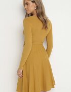 Rochie Galbenă Tricotată și Cloche cu Decolteu Petrecut Hagdeh