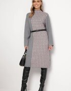 Rochie Gri închis cu croi tip cutie cu guler tip maletă și cu model geometric Karbisa