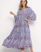  Rochie Lungă Albastru-Violet Evazată cu Mâneci 3/4 cu Model Paisley Amarethia
