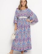  Rochie Lungă Albastru-Violet Evazată cu Mâneci 3/4 cu Model Paisley Amarethia