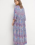  Rochie Lungă Albastru-Violet Evazată cu Mâneci 3/4 cu Model Paisley Amarethia