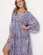  Rochie Lungă Albastru-Violet Evazată cu Mâneci 3/4 cu Model Paisley Amarethia