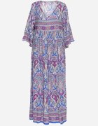  Rochie Lungă Albastru-Violet Evazată cu Mâneci 3/4 cu Model Paisley Amarethia