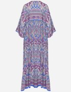  Rochie Lungă Albastru-Violet Evazată cu Mâneci 3/4 cu Model Paisley Amarethia