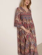  Rochie lungă bej-bordo cloș cu mâneci 3/4 cu imprimeu Paisley Amarethia
