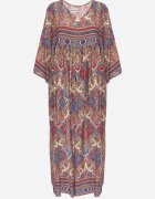  Rochie lungă bej-bordo cloș cu mâneci 3/4 cu imprimeu Paisley Amarethia