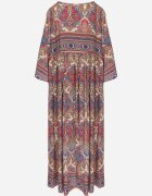  Rochie lungă bej-bordo cloș cu mâneci 3/4 cu imprimeu Paisley Amarethia