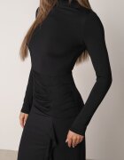  Rochie lungă cu mânecă lungă din viscoză decorată cu drapaj și volănaș Aserefa Neagră