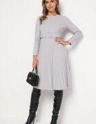  Rochie Midi Gri deschis cu Fustă Plisată și Curea Ondinetta
