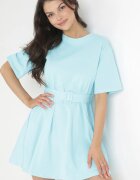  Rochie mini din bumbac albastru deschis cu curea din material cu cataramă Yakatoki
