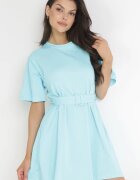  Rochie mini din bumbac albastru deschis cu curea din material cu cataramă Yakatoki