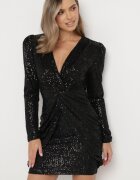  Rochie Mini Neagră cu Paiete cu Decolteu Adânc cu Elastic în Talie și Drapaj Sovrana