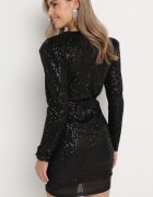  Rochie Mini Neagră cu Paiete cu Decolteu Adânc cu Elastic în Talie și Drapaj Sovrana