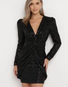  Rochie Mini Neagră cu Paiete cu Decolteu Adânc cu Elastic în Talie și Drapaj Sovrana