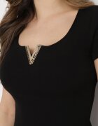  Rochie Mini Neagră din Bumbac cu Decolteu Decorativ Grandria