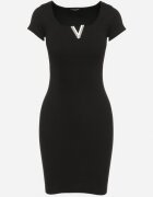  Rochie Mini Neagră din Bumbac cu Decolteu Decorativ Grandria