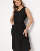  Rochie Neagră Cloș Midi Plisată cu Cordon din Material Varethia