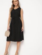  Rochie Neagră Cloș Midi Plisată cu Cordon din Material Varethia