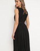  Rochie Neagră Cloș Midi Plisată cu Cordon din Material Varethia