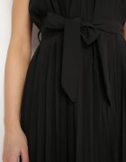  Rochie Neagră Cloș Midi Plisată cu Cordon din Material Varethia