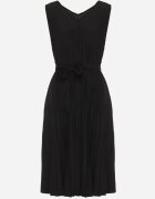  Rochie Neagră Cloș Midi Plisată cu Cordon din Material Varethia