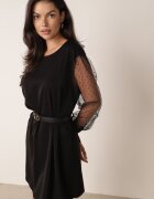  Rochie Neagră cu croială simplă cu curea și mâneci transparente Annethra