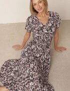  Rochie neagră din bumbac cu flori cu elastic în talie și nasturi Ronalika