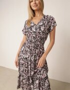  Rochie neagră din bumbac cu flori cu elastic în talie și nasturi Ronalika