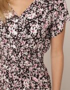  Rochie neagră din bumbac cu flori cu elastic în talie și nasturi Ronalika