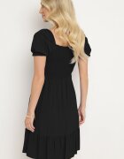  Rochie neagră evazată cu top din elastic încrețit și volane Decilla