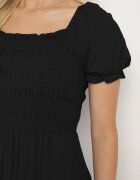  Rochie neagră evazată cu top din elastic încrețit și volane Decilla