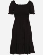  Rochie neagră evazată cu top din elastic încrețit și volane Decilla