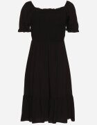  Rochie neagră evazată cu top din elastic încrețit și volane Decilla