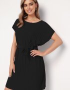  Rochie Neagră Plisată cu Curea în Talie Tiagena