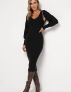  Rochie neagră tricotată Midi cu Decolteu Triunghiular și Bolero cu Mâneci Bufante Vorteia