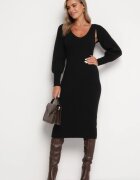  Rochie neagră tricotată Midi cu Decolteu Triunghiular și Bolero cu Mâneci Bufante Vorteia