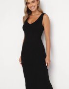  Rochie neagră tricotată Midi cu Decolteu Triunghiular și Bolero cu Mâneci Bufante Vorteia