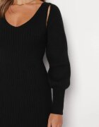  Rochie neagră tricotată Midi cu Decolteu Triunghiular și Bolero cu Mâneci Bufante Vorteia