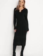  Rochie neagră tricotată midi cu ornament metalic la decolteu Mevinkia
