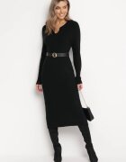  Rochie neagră tricotată midi cu ornament metalic la decolteu Mevinkia