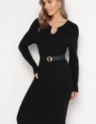  Rochie neagră tricotată midi cu ornament metalic la decolteu Mevinkia