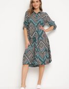  Rochie Negru-Albastră de bumbac cu Imprimeu Etnic cu Croială Tip Cămașă Tesagena