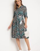  Rochie Negru-Albastră de bumbac cu Imprimeu Etnic cu Croială Tip Cămașă Tesagena