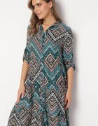  Rochie Negru-Albastră de bumbac cu Imprimeu Etnic cu Croială Tip Cămașă Tesagena