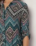  Rochie Negru-Albastră de bumbac cu Imprimeu Etnic cu Croială Tip Cămașă Tesagena