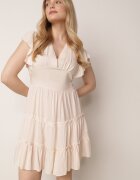  Rochie netedă bej mini cambrată cu volane pe umeri Zynnas
