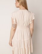  Rochie netedă bej mini cambrată cu volane pe umeri Zynnas