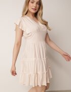  Rochie netedă bej mini cambrată cu volane pe umeri Zynnas