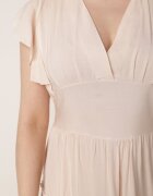  Rochie netedă bej mini cambrată cu volane pe umeri Zynnas